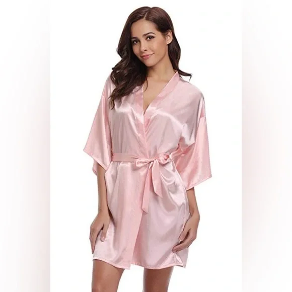 Pastel Pink Satin Silky Robe - Bridesmaids - Bachelorette - Girls Night NEW - Picture 7 of 7
